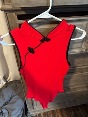 Forever 21 Red Ribbed Mandarin Neck Sleeveless Bodysuit with Black Trim